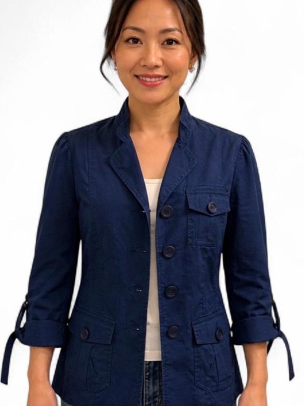 INC  Blue Button Front Utility Jacket NWT – Tie Back, Roll Tab Sleeves